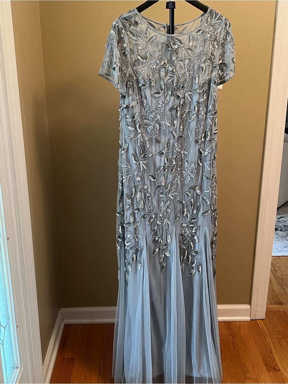 Adrianna Papell Light Blue Beaded Floral Maxi Dress